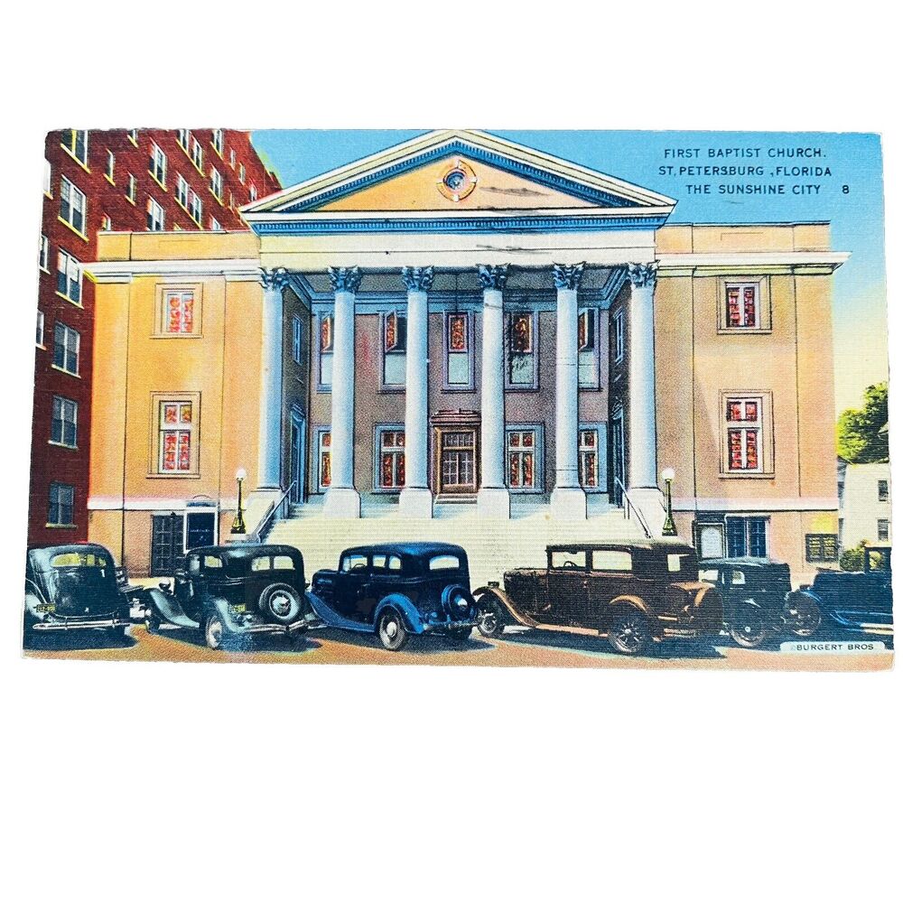1930s Vintage Postcard St Petersburg FL Florida First Baptist Church Cars Autos